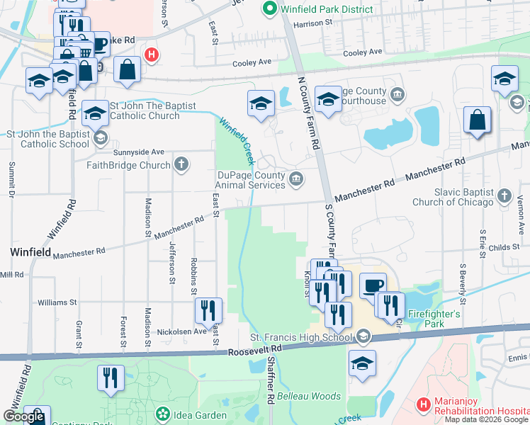 map of restaurants, bars, coffee shops, grocery stores, and more near 2286 Manchester Road in Wheaton