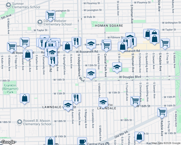 map of restaurants, bars, coffee shops, grocery stores, and more near 1330 South Lawndale Avenue in Chicago