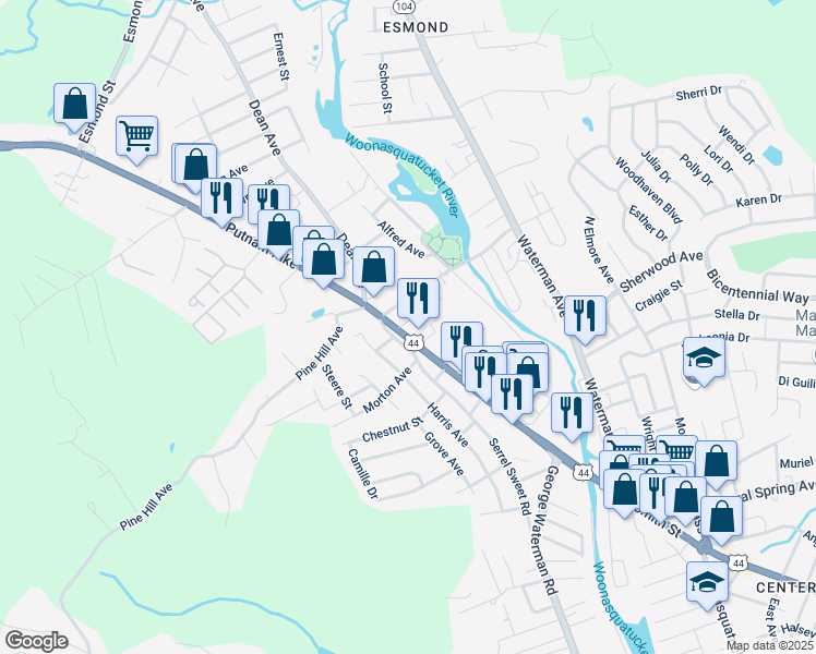 map of restaurants, bars, coffee shops, grocery stores, and more near 1 Cottage Street in Johnston