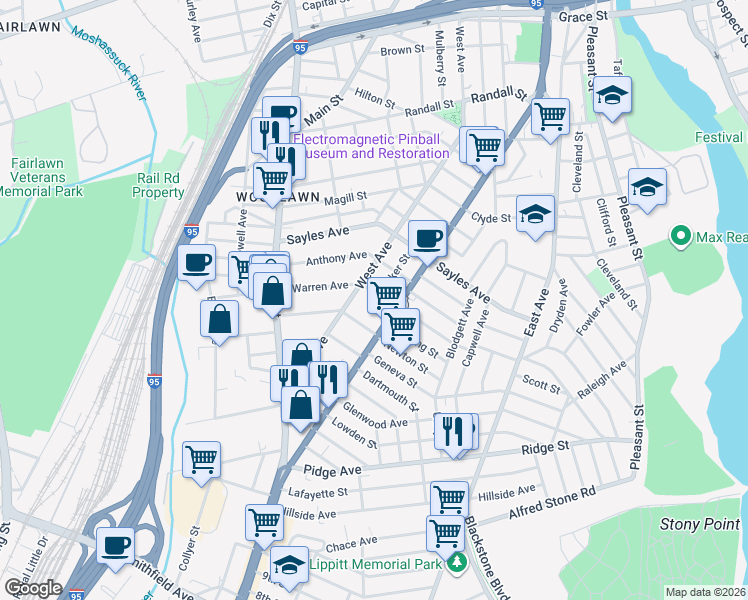 map of restaurants, bars, coffee shops, grocery stores, and more near 20 Warren Avenue in Pawtucket