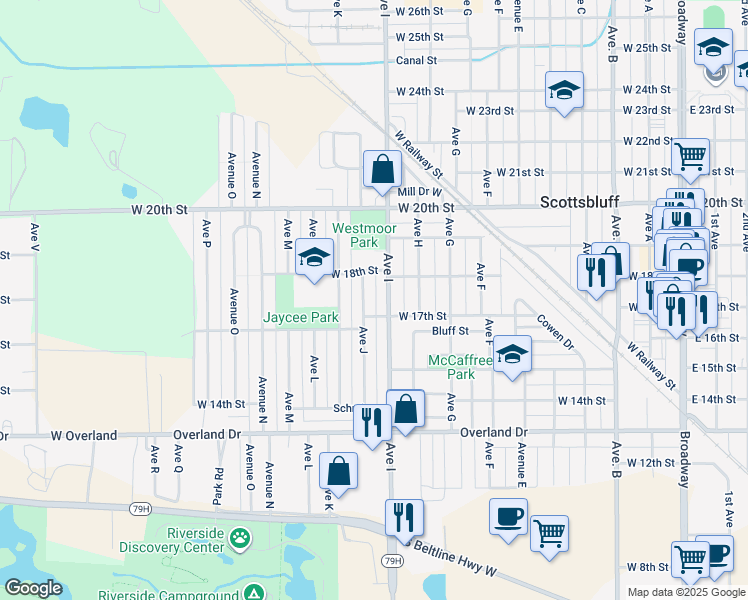 map of restaurants, bars, coffee shops, grocery stores, and more near 1710 Avenue I in Scottsbluff