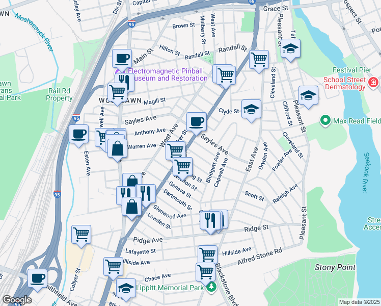 map of restaurants, bars, coffee shops, grocery stores, and more near 431 Pawtucket Avenue in Pawtucket