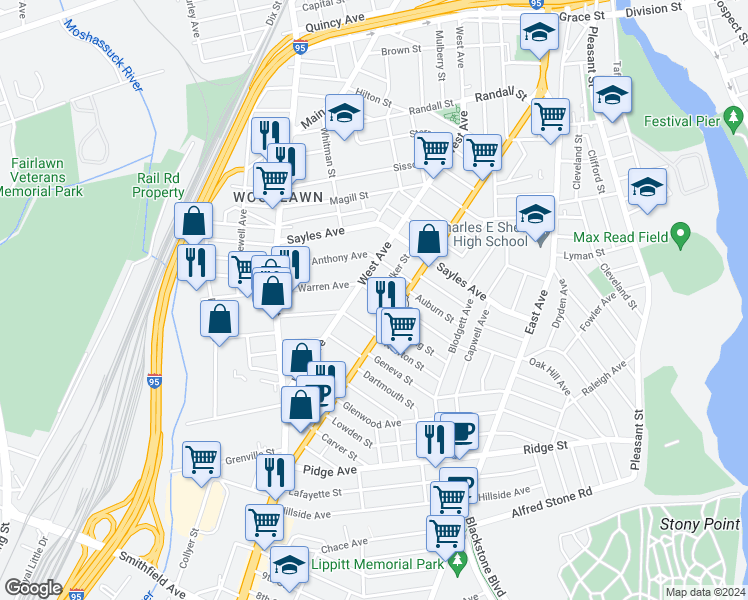 map of restaurants, bars, coffee shops, grocery stores, and more near 28 Warren Avenue in Pawtucket