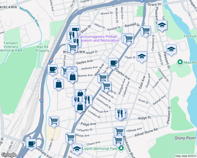 map of restaurants, bars, coffee shops, grocery stores, and more near 28 Warren Avenue in Pawtucket