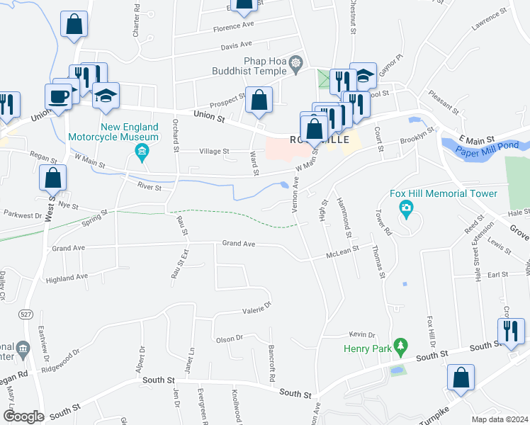 map of restaurants, bars, coffee shops, grocery stores, and more near 21 Linden Place in Vernon