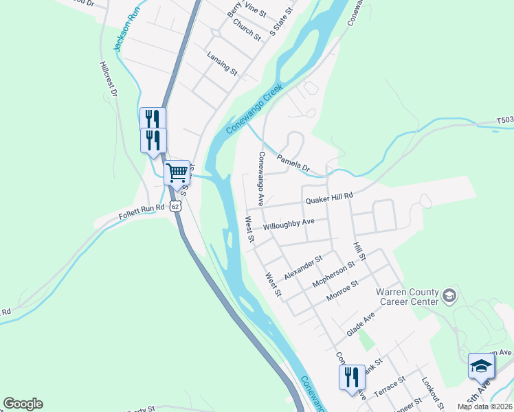 map of restaurants, bars, coffee shops, grocery stores, and more near 1200-1206 Conewango Avenue in Warren