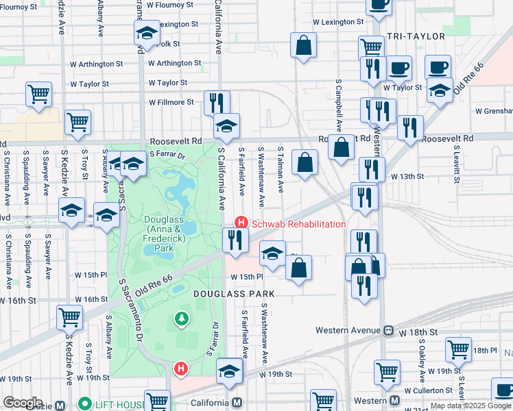 map of restaurants, bars, coffee shops, grocery stores, and more near 1339 South Washtenaw Avenue in Chicago