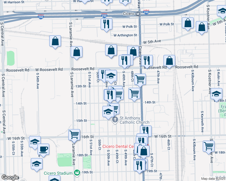 map of restaurants, bars, coffee shops, grocery stores, and more near 1310 South 49th Court in Cicero