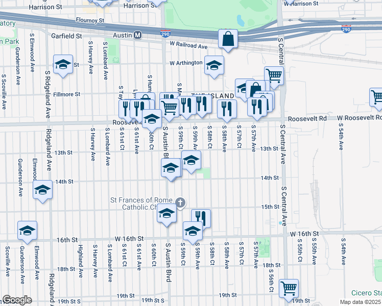 map of restaurants, bars, coffee shops, grocery stores, and more near 1301 South 59th Court in Cicero