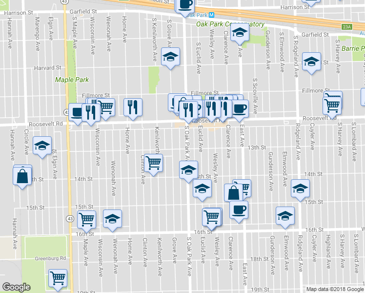 map of restaurants, bars, coffee shops, grocery stores, and more near 1250 Oak Park Avenue in Berwyn