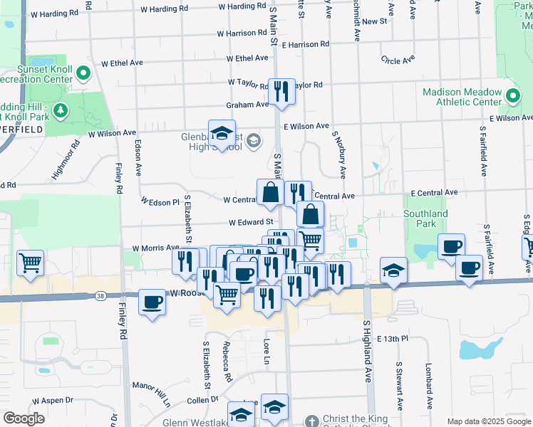map of restaurants, bars, coffee shops, grocery stores, and more near 20 West Edward Street in Lombard