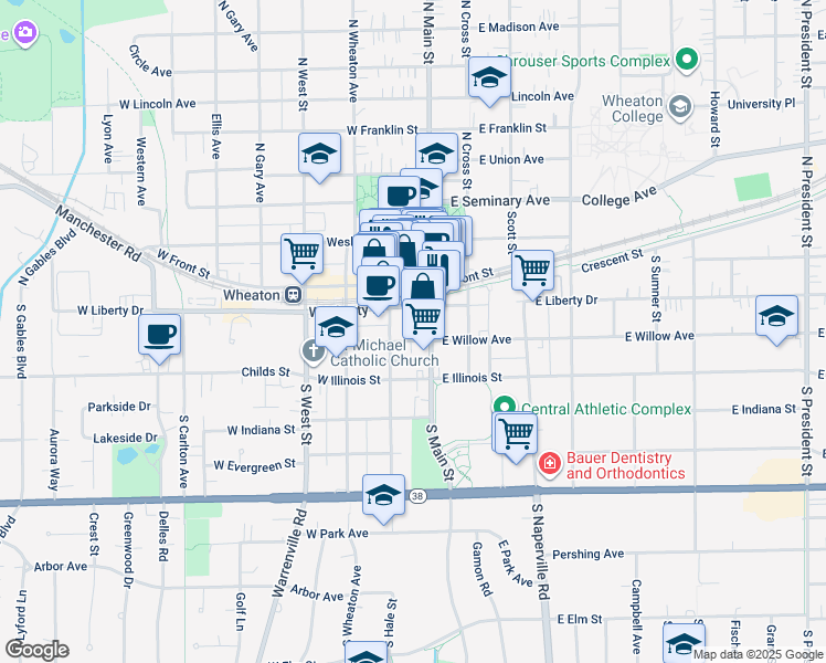 map of restaurants, bars, coffee shops, grocery stores, and more near 107 West Willow Avenue in Wheaton