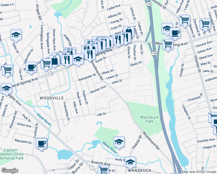 map of restaurants, bars, coffee shops, grocery stores, and more near 2 Rosner Ave in North Providence