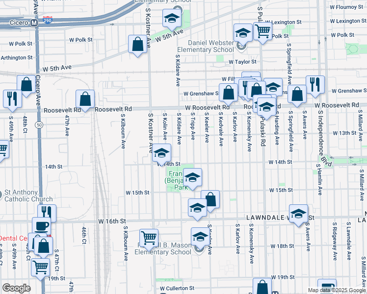 map of restaurants, bars, coffee shops, grocery stores, and more near 1323 S Kildare Ave in Chicago