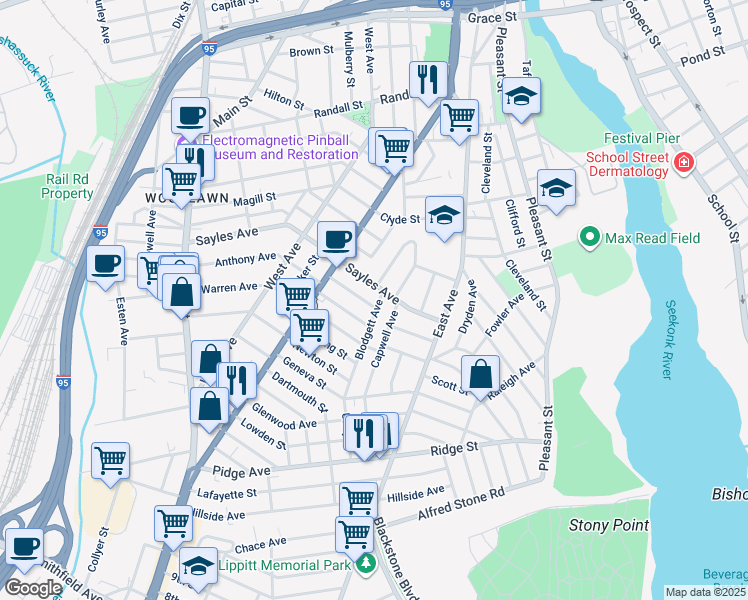 map of restaurants, bars, coffee shops, grocery stores, and more near 9 Blodgett Avenue in Pawtucket