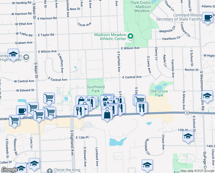 map of restaurants, bars, coffee shops, grocery stores, and more near 1129 South Grace Street in Lombard