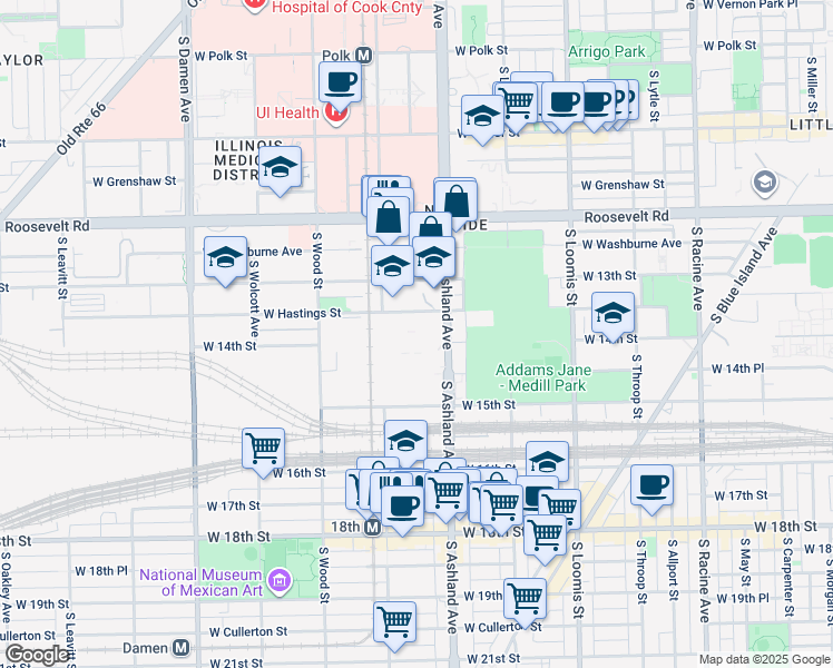map of restaurants, bars, coffee shops, grocery stores, and more near 1626 West 14th Street in Chicago
