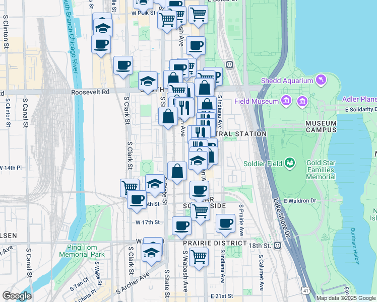 map of restaurants, bars, coffee shops, grocery stores, and more near 1419 South Wabash Avenue in Chicago