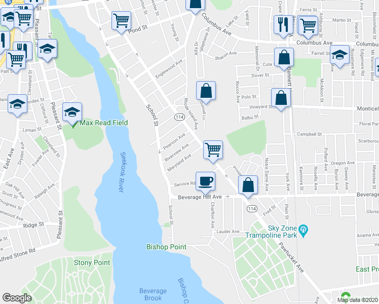 map of restaurants, bars, coffee shops, grocery stores, and more near 100 Maryland Avenue in Pawtucket
