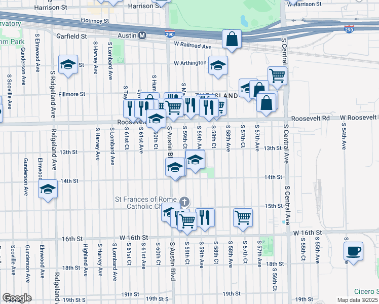 map of restaurants, bars, coffee shops, grocery stores, and more near 1301 S 59th Ct in Cicero
