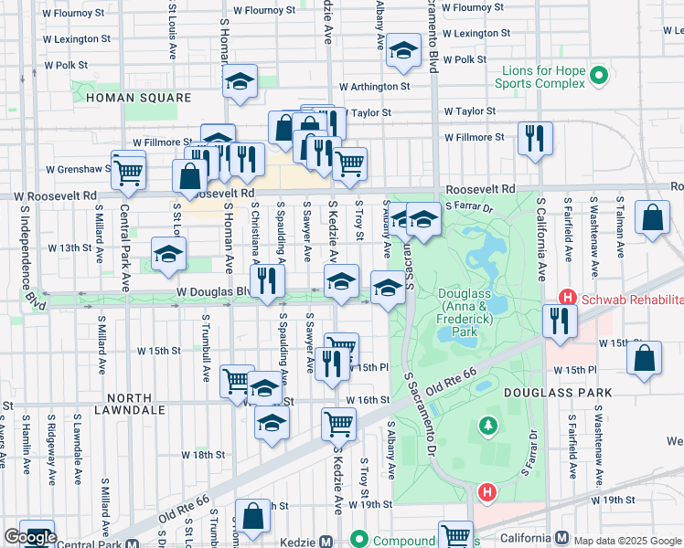 map of restaurants, bars, coffee shops, grocery stores, and more near 1333 South Kedzie Avenue in Chicago