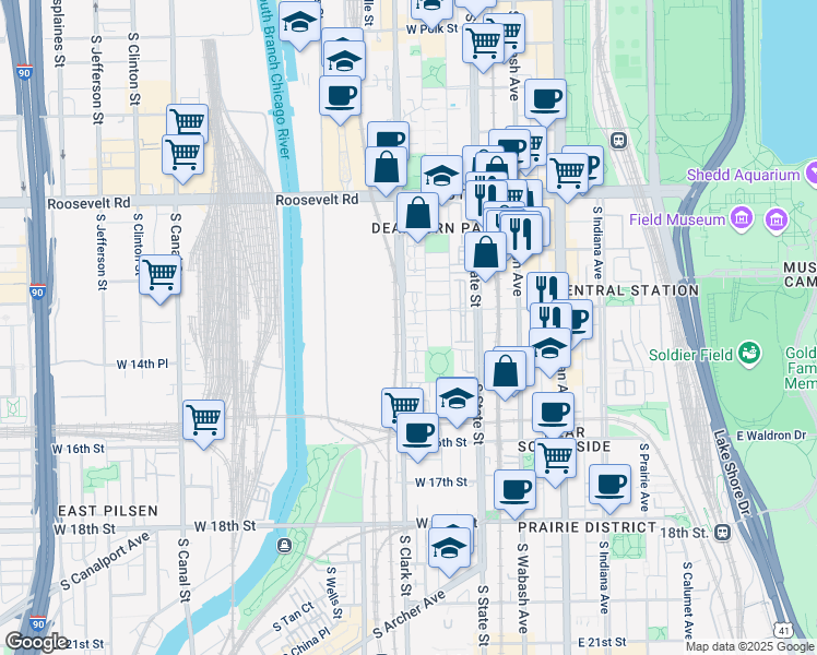 map of restaurants, bars, coffee shops, grocery stores, and more near 1416 South Federal Street in Chicago