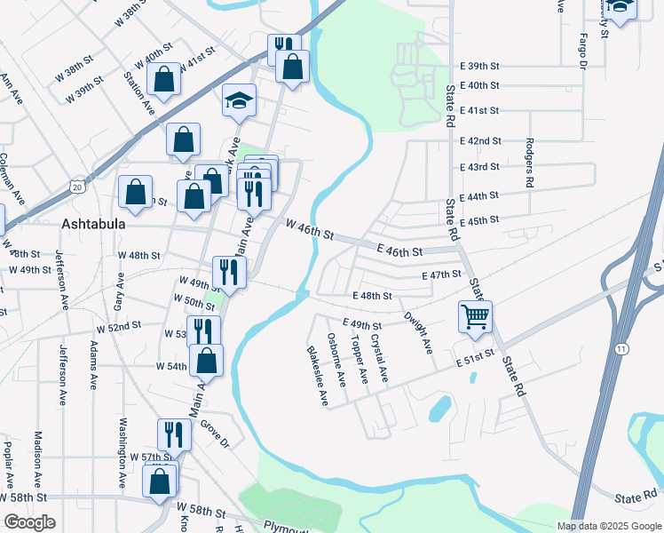 map of restaurants, bars, coffee shops, grocery stores, and more near 4712 Valley View Boulevard in Ashtabula
