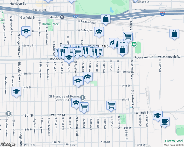 map of restaurants, bars, coffee shops, grocery stores, and more near 1300 South 58th Court in Cicero