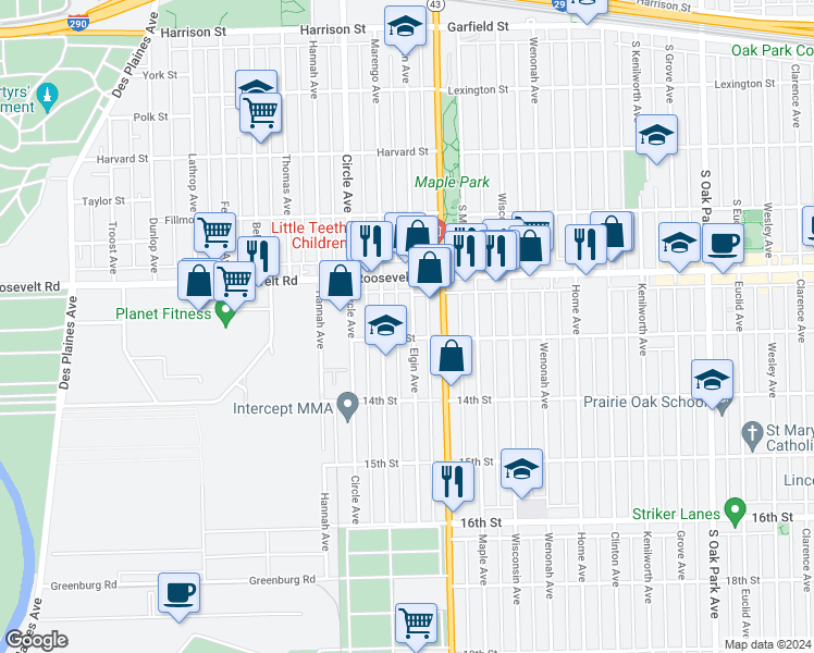 map of restaurants, bars, coffee shops, grocery stores, and more near 1239 Elgin Avenue in Forest Park