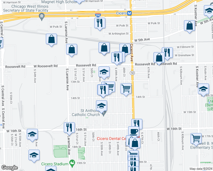 map of restaurants, bars, coffee shops, grocery stores, and more near 1310 South 49th Court in Cicero