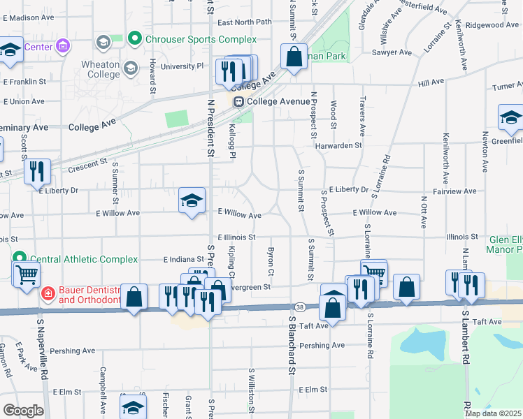 map of restaurants, bars, coffee shops, grocery stores, and more near 1209 East Willow Avenue in Wheaton