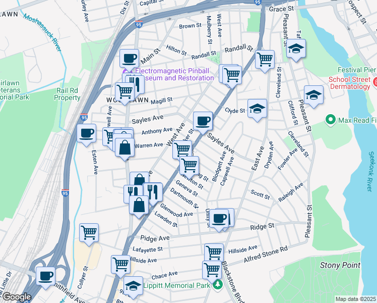 map of restaurants, bars, coffee shops, grocery stores, and more near 431 Pawtucket Avenue in Pawtucket
