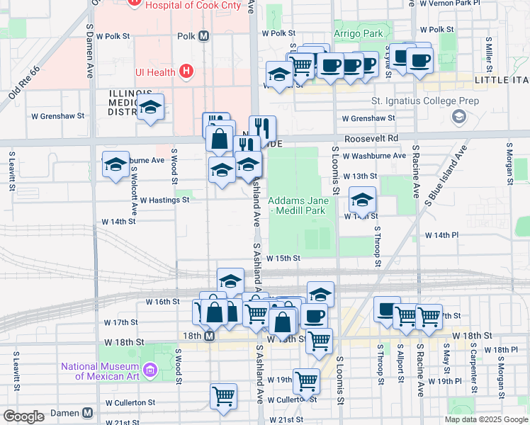 map of restaurants, bars, coffee shops, grocery stores, and more near 1353 South Ashland Avenue in Chicago
