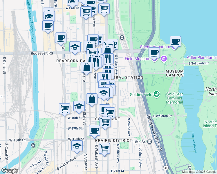 map of restaurants, bars, coffee shops, grocery stores, and more near 1407 South Michigan Avenue in Chicago