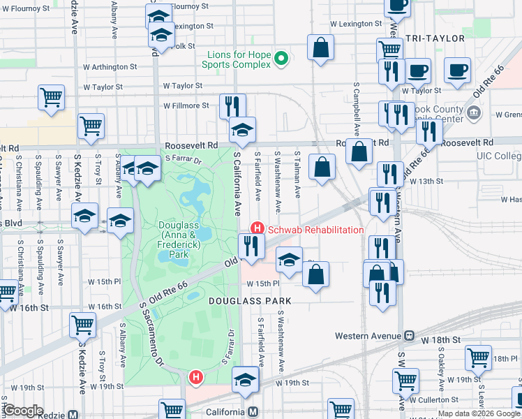map of restaurants, bars, coffee shops, grocery stores, and more near 1341 South Fairfield Avenue in Chicago
