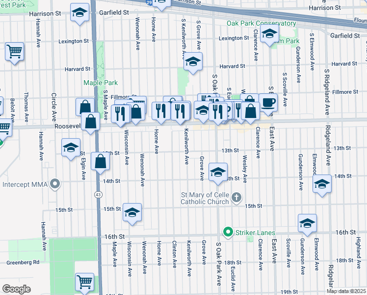 map of restaurants, bars, coffee shops, grocery stores, and more near 1244 Kenilworth Avenue in Berwyn