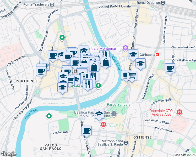 map of restaurants, bars, coffee shops, grocery stores, and more near 67 Via Luca Valerio in Rome