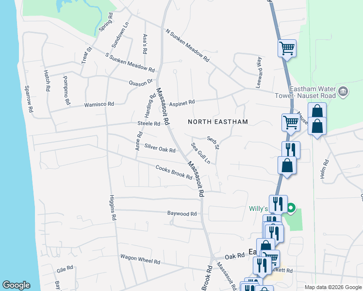 map of restaurants, bars, coffee shops, grocery stores, and more near 1090 Massasoit Road in Eastham