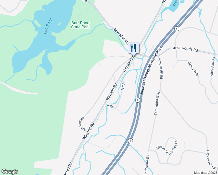 map of restaurants, bars, coffee shops, grocery stores, and more near 295 Dennison Drive in Torrington