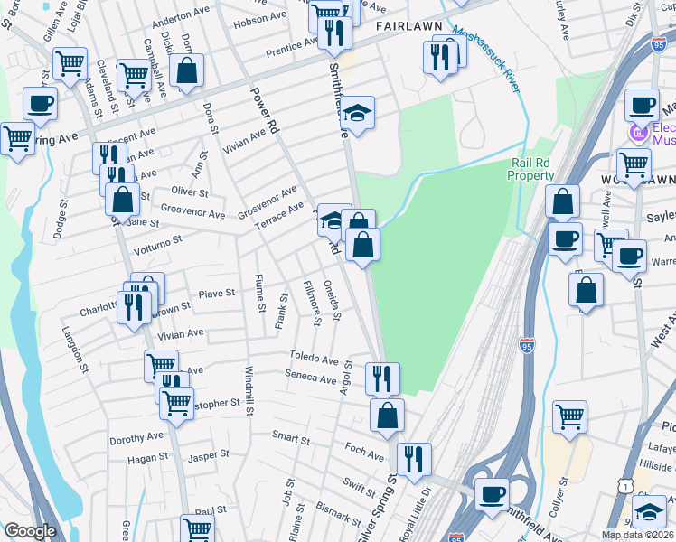 map of restaurants, bars, coffee shops, grocery stores, and more near 124 Power Road in Pawtucket