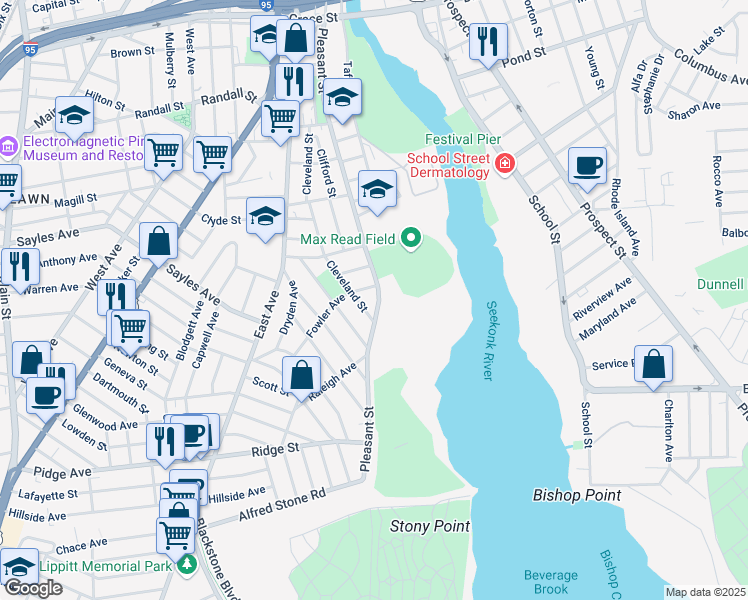 map of restaurants, bars, coffee shops, grocery stores, and more near 565 Pleasant Street in Pawtucket