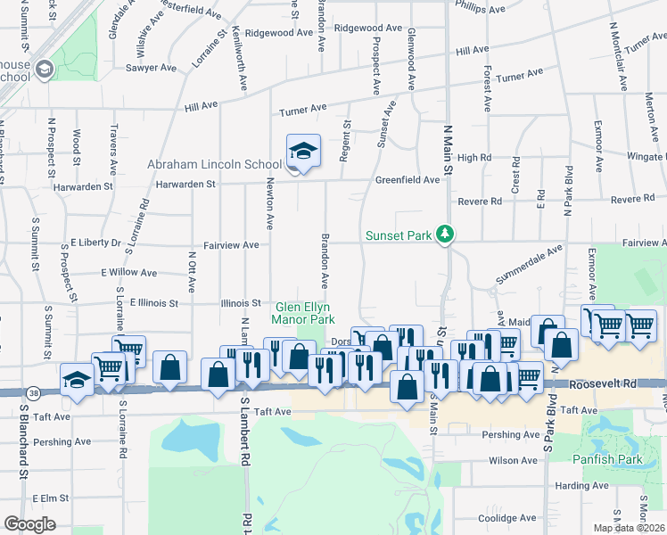 map of restaurants, bars, coffee shops, grocery stores, and more near 115 Brandon Avenue in Glen Ellyn