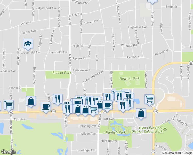 map of restaurants, bars, coffee shops, grocery stores, and more near 611 Summerdale Avenue in Glen Ellyn