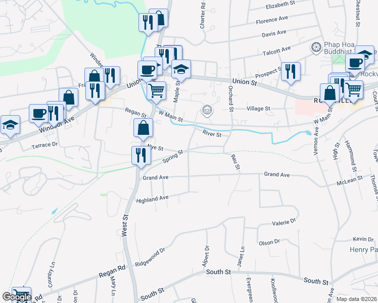 map of restaurants, bars, coffee shops, grocery stores, and more near 25 Morrison Street in Vernon