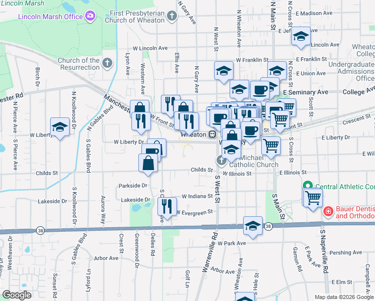 map of restaurants, bars, coffee shops, grocery stores, and more near 1 Wheaton Center in Wheaton