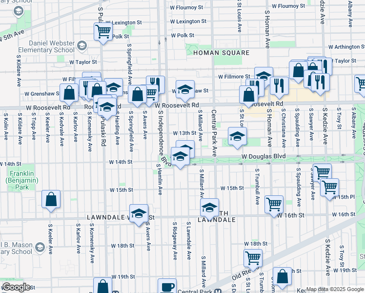 map of restaurants, bars, coffee shops, grocery stores, and more near 1328 South Lawndale Avenue in Chicago
