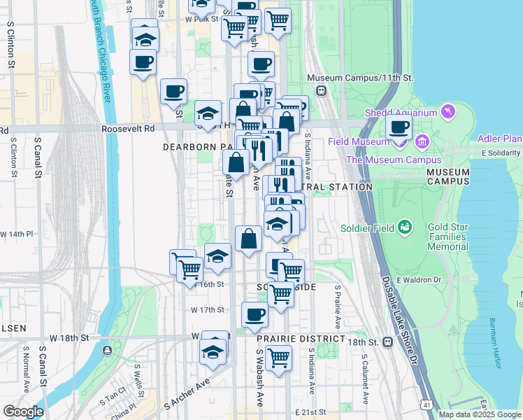 map of restaurants, bars, coffee shops, grocery stores, and more near 1421 South Wabash Avenue in Chicago