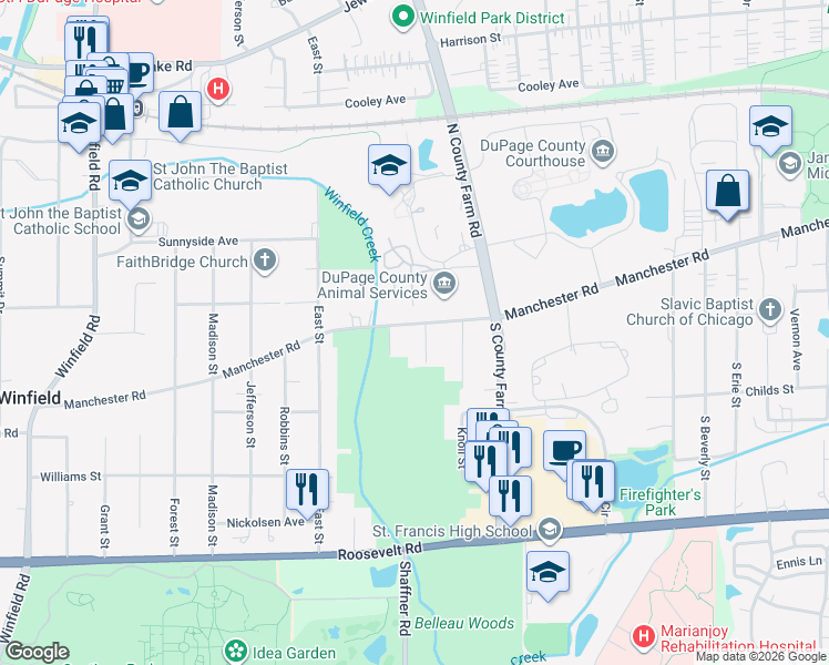 map of restaurants, bars, coffee shops, grocery stores, and more near 2286 Manchester Road in Wheaton