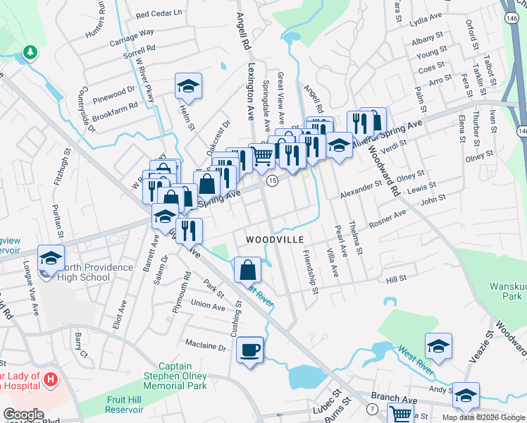 map of restaurants, bars, coffee shops, grocery stores, and more near 140 Lexington Avenue in North Providence