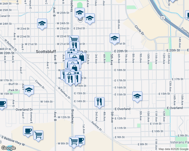 map of restaurants, bars, coffee shops, grocery stores, and more near 1706 3rd Avenue in Scottsbluff